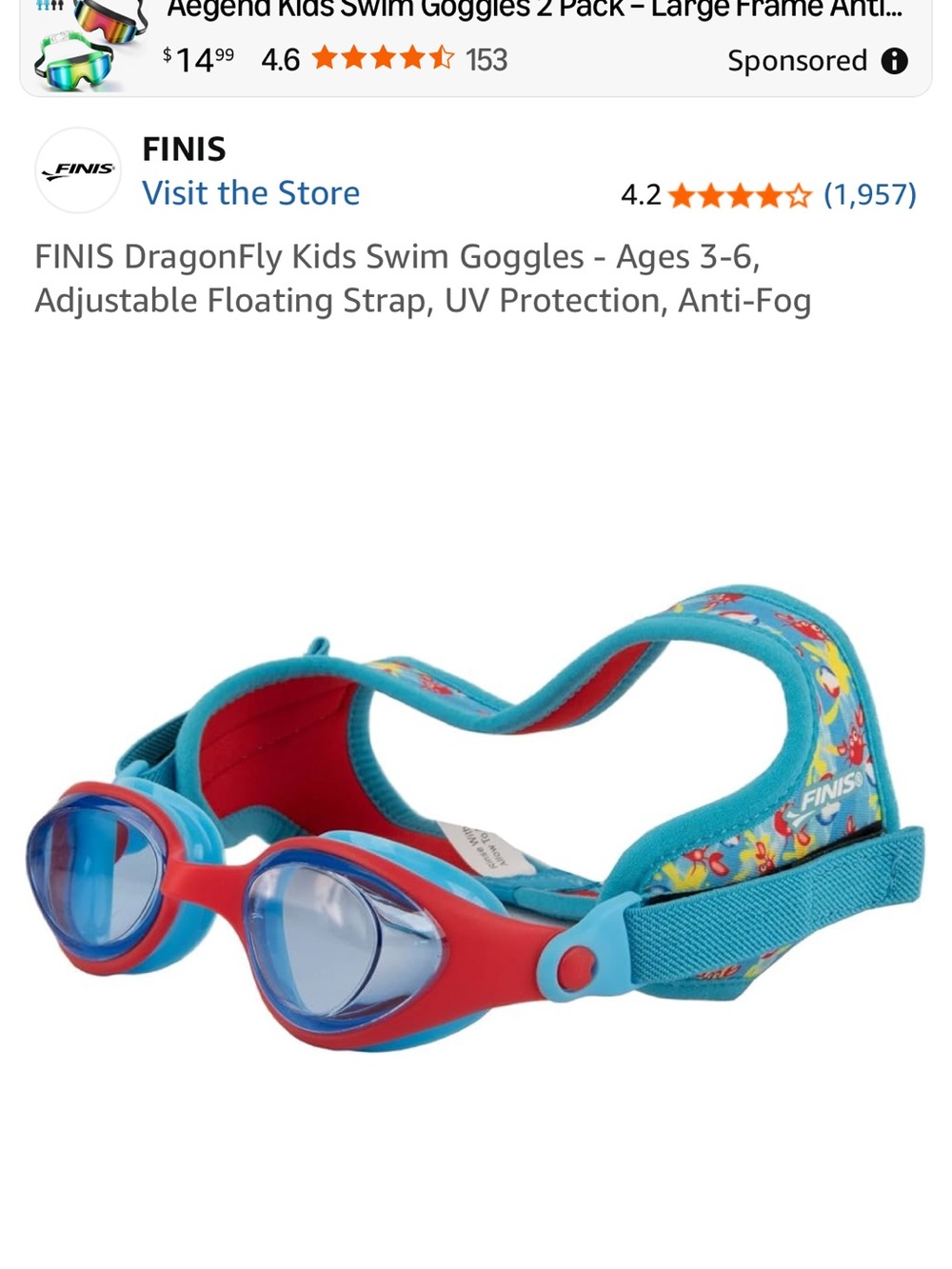 FINIS DragonFly Kids Swim Goggles in Turquoise & Red